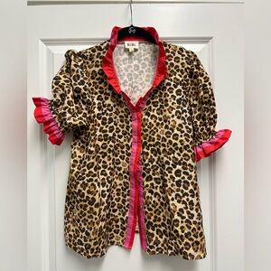 LIKE NEW BIBI Women’s' Leopard Print Ruffle-Trim Top in Brown and Pink